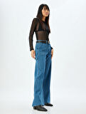 Geniş Paça Kot Pantolon Cep Detaylı Normal Bel Kesik Paça Pamuklu - Wide Leg Jeans