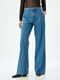 Geniş Paça Kot Pantolon Cep Detaylı Normal Bel Kesik Paça Pamuklu - Wide Leg Jeans