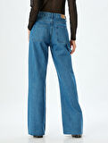 Geniş Paça Kot Pantolon Cep Detaylı Normal Bel Kesik Paça Pamuklu - Wide Leg Jeans