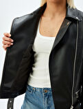 Crop Oversize Suni Deri Biker Ceket Fermuarlı Cepli Kemer Detaylı