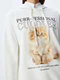 Kedi Baskılı Kapüşonlu Rahat Kalıp Şardonlu Sweatshirt