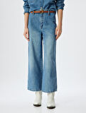 Geniş Kısa Paça Kot Pantolon Yüksek Bel Kemer Detaylı Düğmeli - Wide Leg Jeans