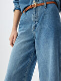 Geniş Kısa Paça Kot Pantolon Yüksek Bel Kemer Detaylı Düğmeli - Wide Leg Jeans
