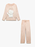 Kedi Aplike Detaylı Uzun Kollu Peluş Polar Pijama Takımı
