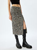 Leopar Desenli Midi Drapeli Yırtmaç Detaylı Etek Bürümcük