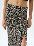 Leopar Etek Midi Drapeli Yırtmaç Detaylı Beli Lastikli