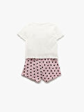 Pamuklu Kısa Kollu Kedi Temalı Kalp Baskılı Şort Pijama Takımı