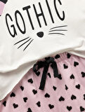 Pamuklu Kısa Kollu Kedi Temalı Kalp Baskılı Şort Pijama Takımı