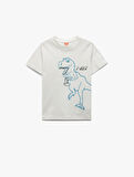 Dinozor Baskılı Kısa Kollu Bisiklet Yaka Pamuklu Tişört