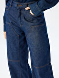 Geniş Paça Kot Pantolon Dikiş Detaylı Cepli Düğmeli Normal Bel - Wide Leg Jeans