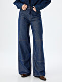 Geniş Paça Kot Pantolon Dikiş Detaylı Cepli Düğmeli Normal Bel - Wide Leg Jeans