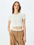 Basic Kısa Kollu Bisiklet Yaka Slim Fit Crop Kaşkorse Tişört