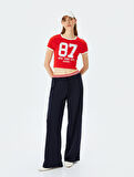 Baskılı Kısa Kollu Bisiklet Yaka Slim Fit Crop Kaşkorse Tişört