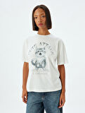 Oversize Tişört Kedi Baskılı Bisiklet Yaka Kısa Kollu Pamuklu