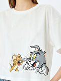 Tom ve Jerry Lisanslı Baskılı Oversize Crop Tişört