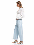 Pamuklu Düğmeli Cepli Normal Bel Crop Geniş Paça Jean Pantolon - Wide Leg Jean