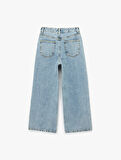 Pamuklu Düğmeli Cepli Normal Bel Crop Geniş Paça Jean Pantolon - Wide Leg Jean