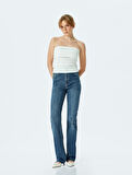 Yüksek Bel Slim Fit Yıpratılmış İspanyol Paça Denim Pantolon -  Flare Jeans