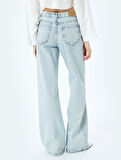Taş Detaylı Normal Bel Geniş Paça Denim Pantolon -  Wide Leg Jeans