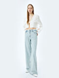 Taş Detaylı Normal Bel Geniş Paça Denim Pantolon -  Wide Leg Jeans