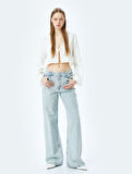 Taş Detaylı Normal Bel Geniş Paça Denim Pantolon -  Wide Leg Jeans