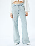 Taş Detaylı Normal Bel Geniş Paça Denim Pantolon -  Wide Leg Jeans