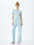 Pamuklu Kısa Kollu Ayıcık İşleme Detaylı Pijama Takımı