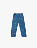 Kalp Desenli Cep Detaylı Pamuklu Denim Pantolon
