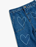 Kalp Desenli Cep Detaylı Pamuklu Denim Pantolon