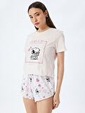 Pamuklu Lisanslı Snoopy Baskılı Kısa Kollu Şortlu Pijama Takımı