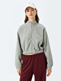 Rahat Kalıp Dik Yaka Crop Fermuarlı Sweatshirt 