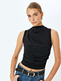 Asimetrik Hafif Dik Yaka Drapeli Slim Fit Kolsuz Bluz