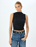 Asimetrik Hafif Dik Yaka Drapeli Slim Fit Kolsuz Bluz