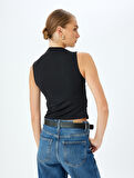 Asimetrik Hafif Dik Yaka Drapeli Slim Fit Kolsuz Bluz