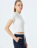 Basic Kısa Kollu Bisiklet Yaka Dokulu Crop Tişört