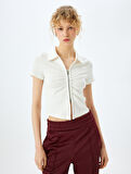Fermuar Detaylı Slim Fit Drapeli Kısa Kollu Crop Tişört