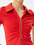 Fermuar Detaylı Slim Fit Drapeli Kısa Kollu Crop Tişört