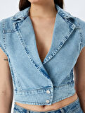 Kolsuz Kruvaze Yaka Crop Denim Düğmeli Yelek