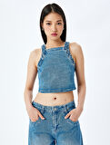 Taş Detaylı Sırtı Bağcıklı Crop Kolsuz Denim Bluz