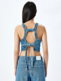 Taş Detaylı Sırtı Bağcıklı Crop Kolsuz Denim Bluz