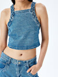 Taş Detaylı Sırtı Bağcıklı Crop Kolsuz Denim Bluz