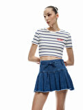 Pamuklu Kemer Detaylı Pileli Denim Mini Şort Etek