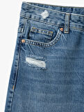 Yüksek Bel Yıpratma Detaylı Pamuklu Denim Pantolon - Straight Jeans