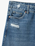 Yüksek Bel Yıpratma Detaylı Pamuklu Denim Pantolon - Straight Jeans