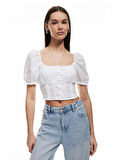 Gipeli Poplin Balon Kol Dantel Detaylı Crop Bluz