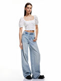 Gipeli Poplin Balon Kol Dantel Detaylı Crop Bluz