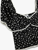 Kalp Yaka Kısa Balon Kollu Çiçekli Crop Bluz
