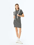 Bisiklet Yaka Kısa Kollu Fitilli Mini Bodycon Elbise