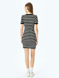 Bisiklet Yaka Kısa Kollu Fitilli Mini Bodycon Elbise