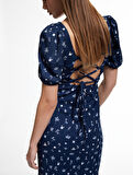Kısa Balon Kollu Sırtı Bağcıklı Bodycon Çiçekli Yırtmaçlı Midi Elbise Bürümcük